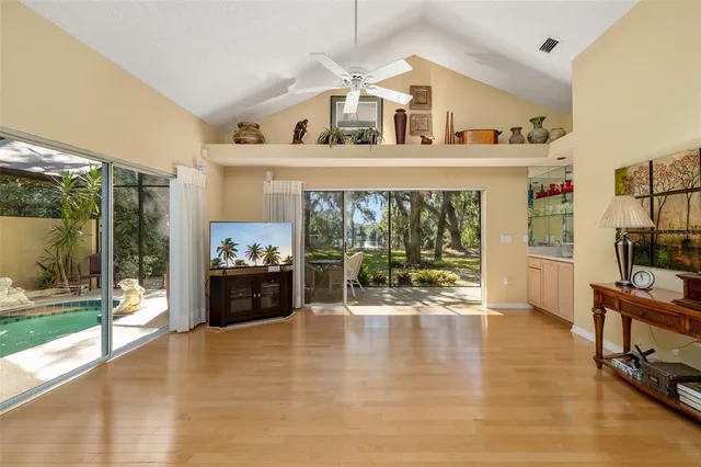 a living room with furniture a potted plant and a rug