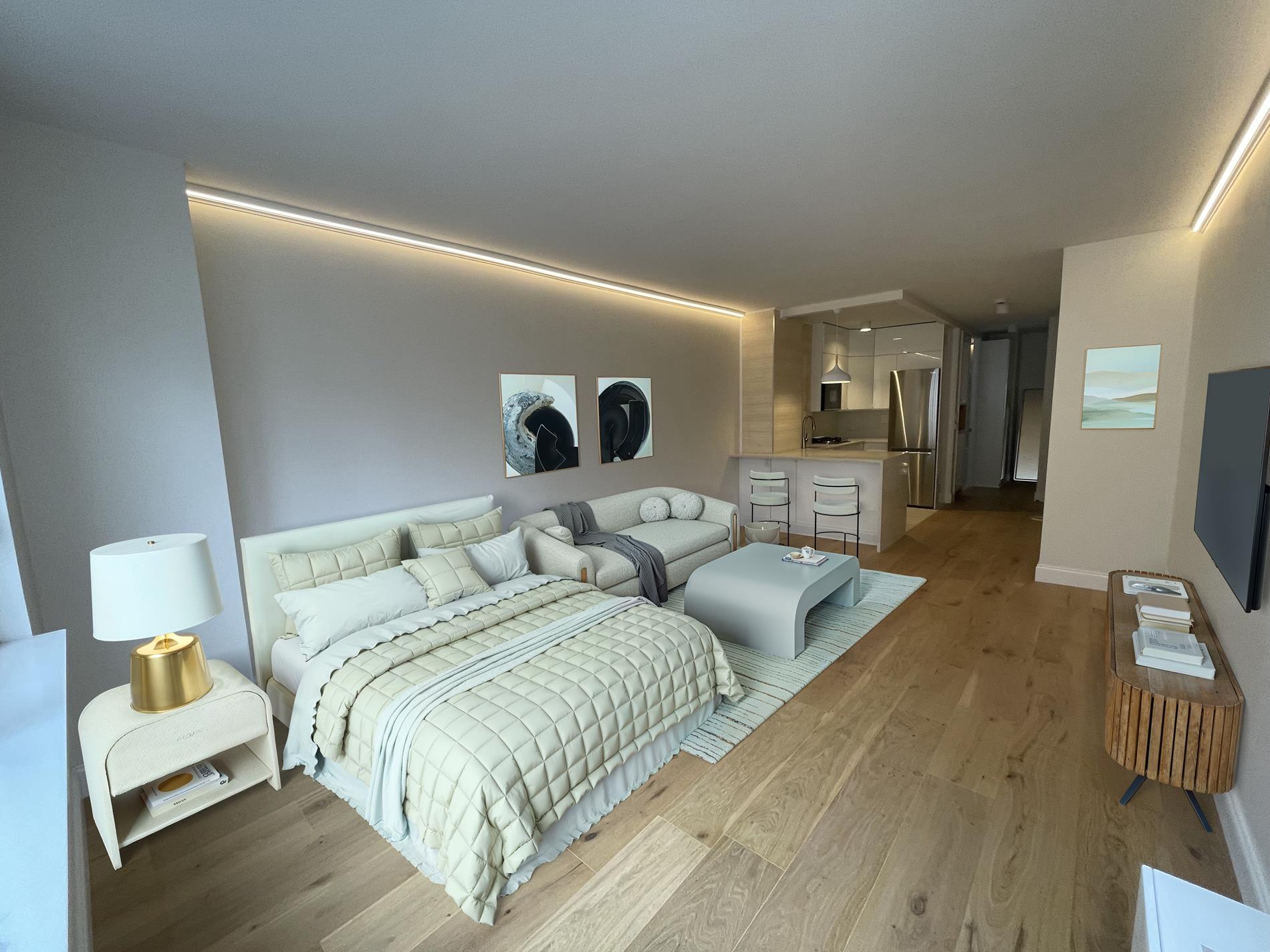 Undisclosed Address Manhattan, NY 10019 - Photo 5 of 13 a bed room with two bed and a lamp