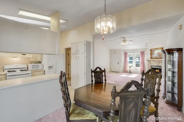 a view of a dining room with furniture