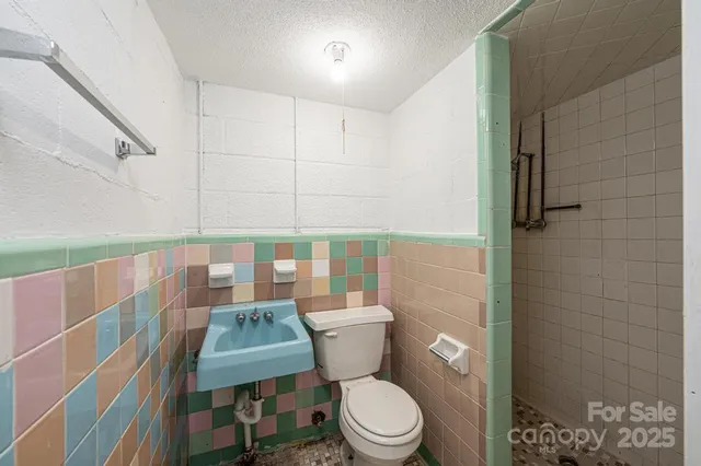 a bathroom with a toilet a sink and shower