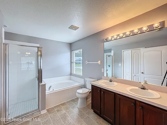 a bathroom with a double vanity sink toilet mirror and bathtub