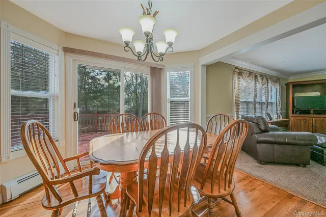 a view of a dining room with furniture wooden floor and chandelier