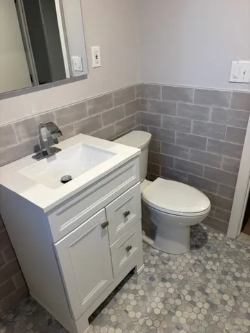 a bathroom with a sink a toilet and a mirror