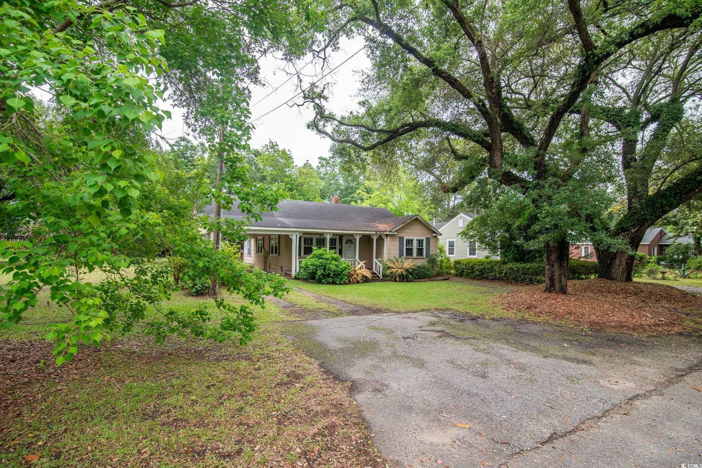 704 North Congdon Street Georgetown, SC 29440 - Photo 4 of 35 Ranch-style home with covered porch, a chimney, asphalt driveway, and a front lawn