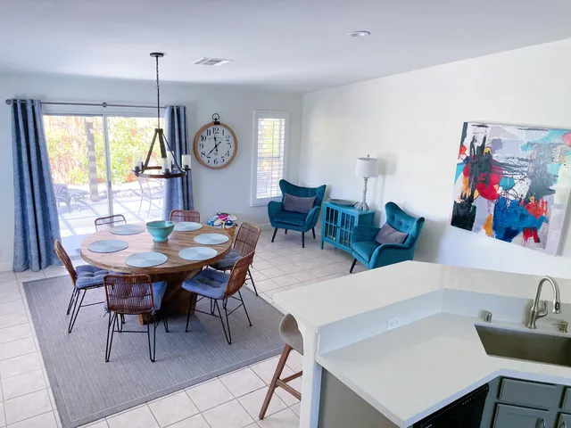 a view of a dining room with furniture window and outdoor view