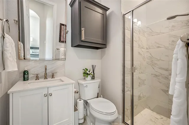 a bathroom with a toilet sink vanity and mirror