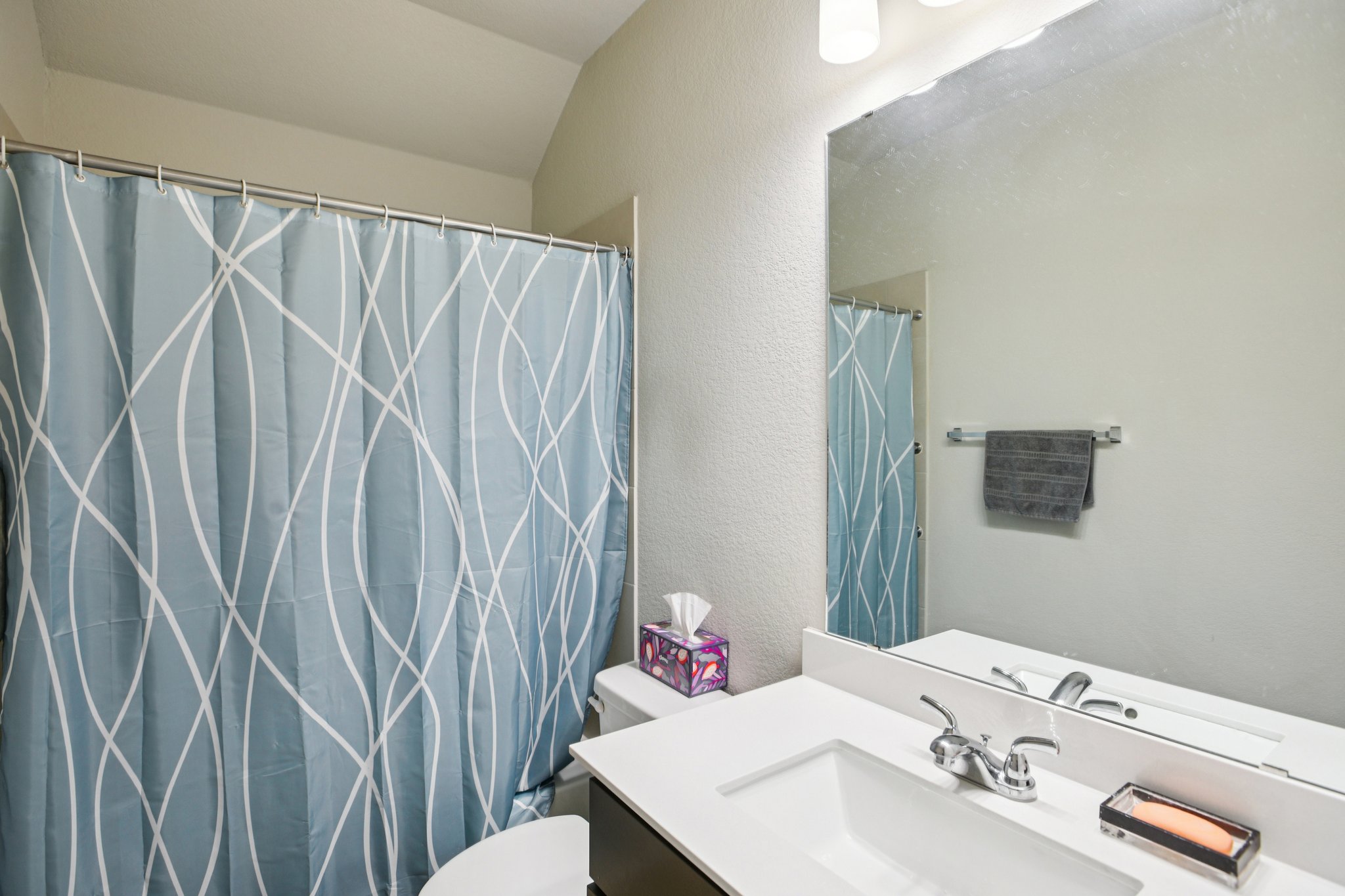 149 Plumbago Loop Bastrop, TX 78602 - Photo 22 of 33 Full bath featuring a textured wall, vanity, and a shower with curtain