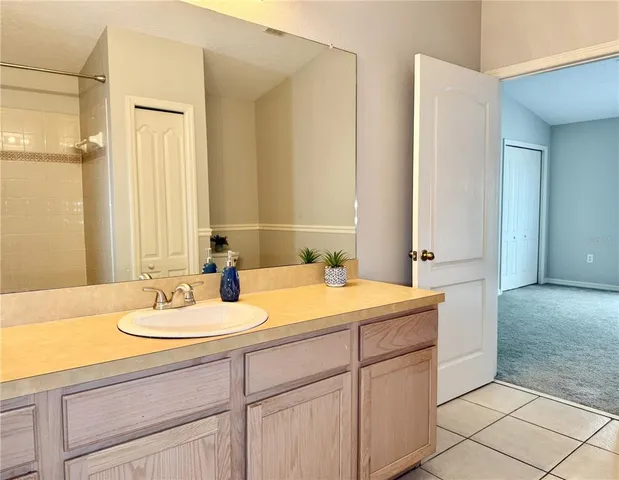 a bathroom with 2 sink and a mirror