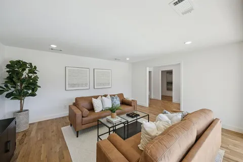 a living room with furniture and a potted plant