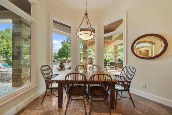 a view of a dining room with furniture window and outside view