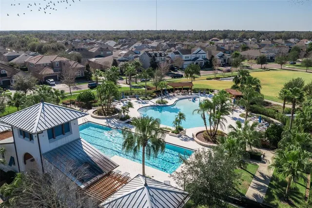 an aerial view of a house with a garden