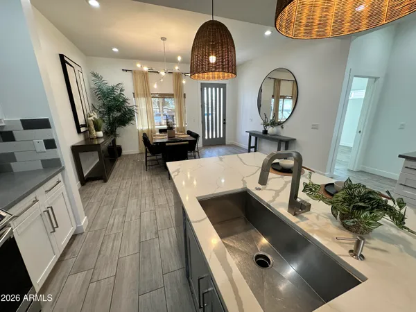 a view of a dining room with furniture