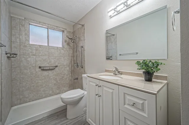 a bathroom with a granite countertop sink a toilet and shower