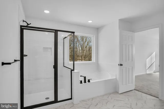 a bathroom with a bathtub and a shower
