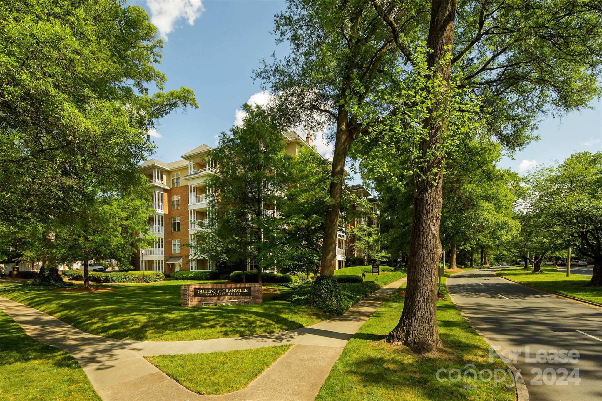a view of a park with large trees