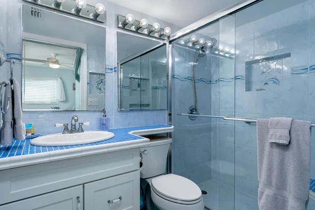 a bathroom with a sink a toilet a mirror and shower