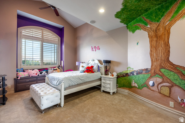 694 West Cephus Road Draper, UT 84020 - Photo 62 of 148 Arched window with plantation shutters, vaulted ceiling with a ceiling fan, plush carpet flooring, recessed lighting, and a decorative wall mural