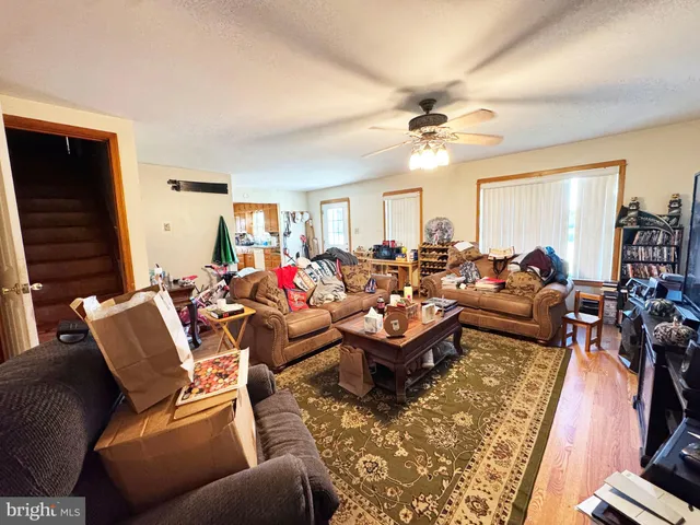 a living room with furniture a ceiling fan and a window