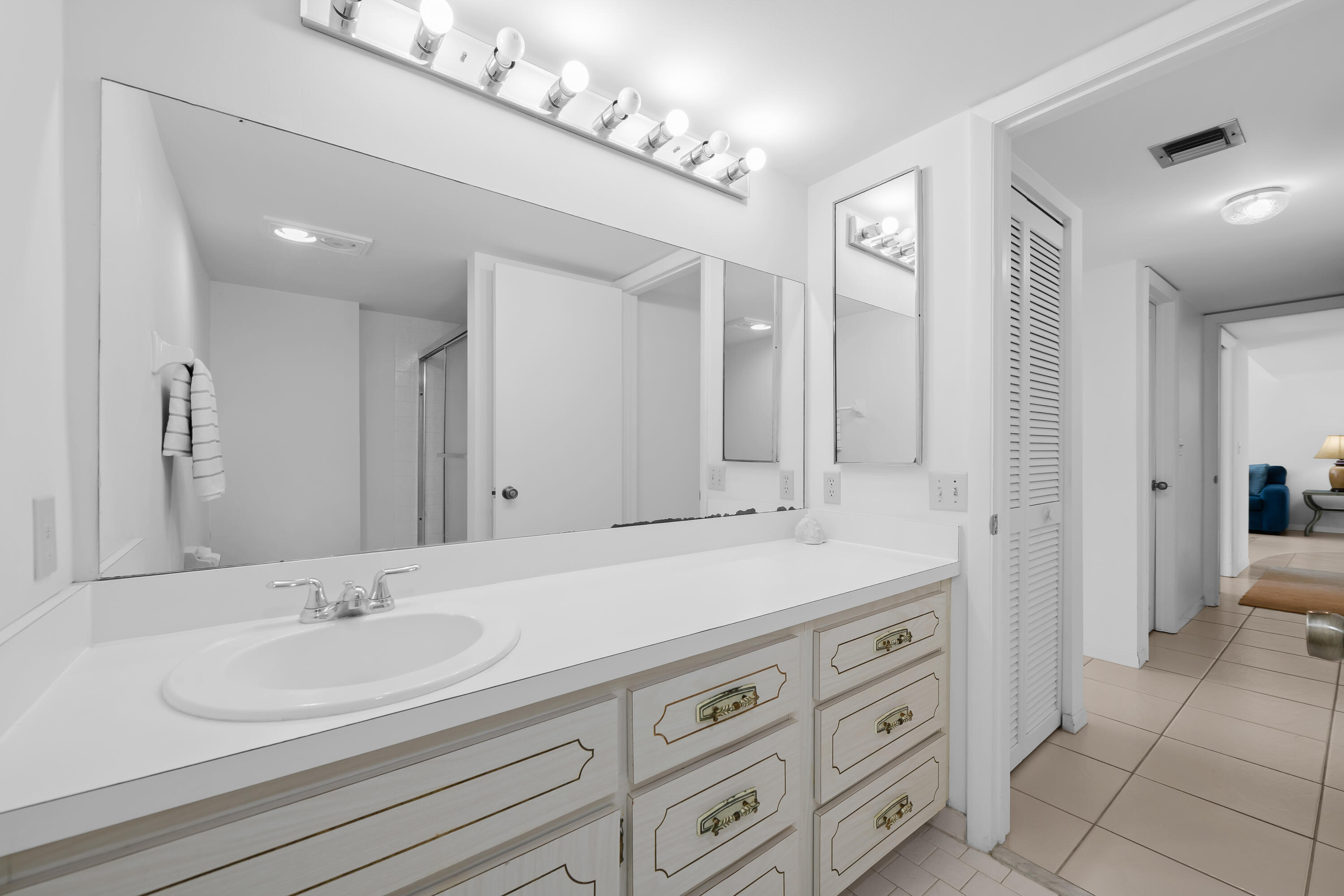 799 Jeffery Street, Unit 411 Boca Raton, FL 33487 - Photo 23 of 37 a spacious bathroom with a double vanity sink a mirror and a shower