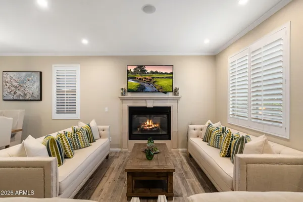 a living room with furniture and a fireplace