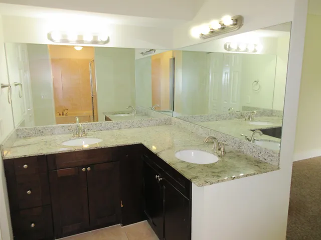 a bathroom with a granite countertop double vanity sink and mirror
