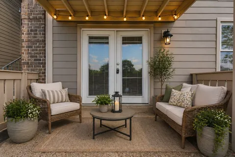 a view of a patio with couches table and chairs and potted plants