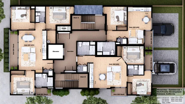 an aerial view of residential houses with outdoor space and parking