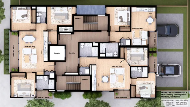 an aerial view of residential houses with outdoor space and parking