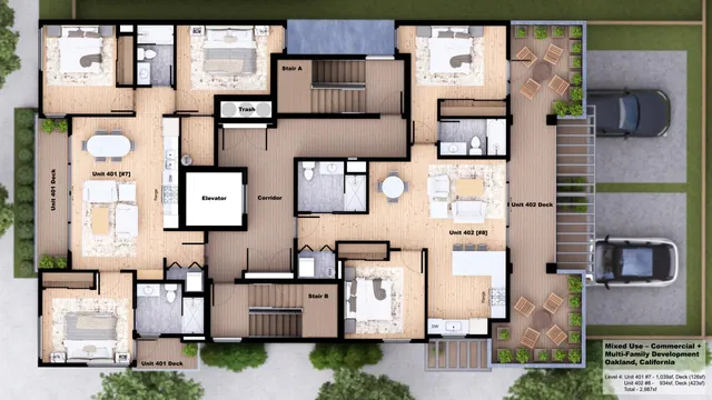 an aerial view of residential houses with outdoor space and parking