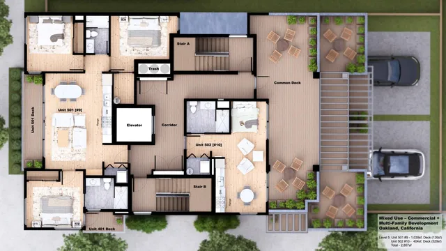 an aerial view of residential houses with outdoor space and parking