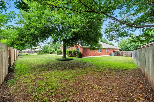 a view of a backyard with large trees