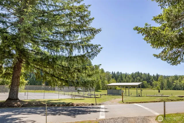 a view of a swimming pool and trees