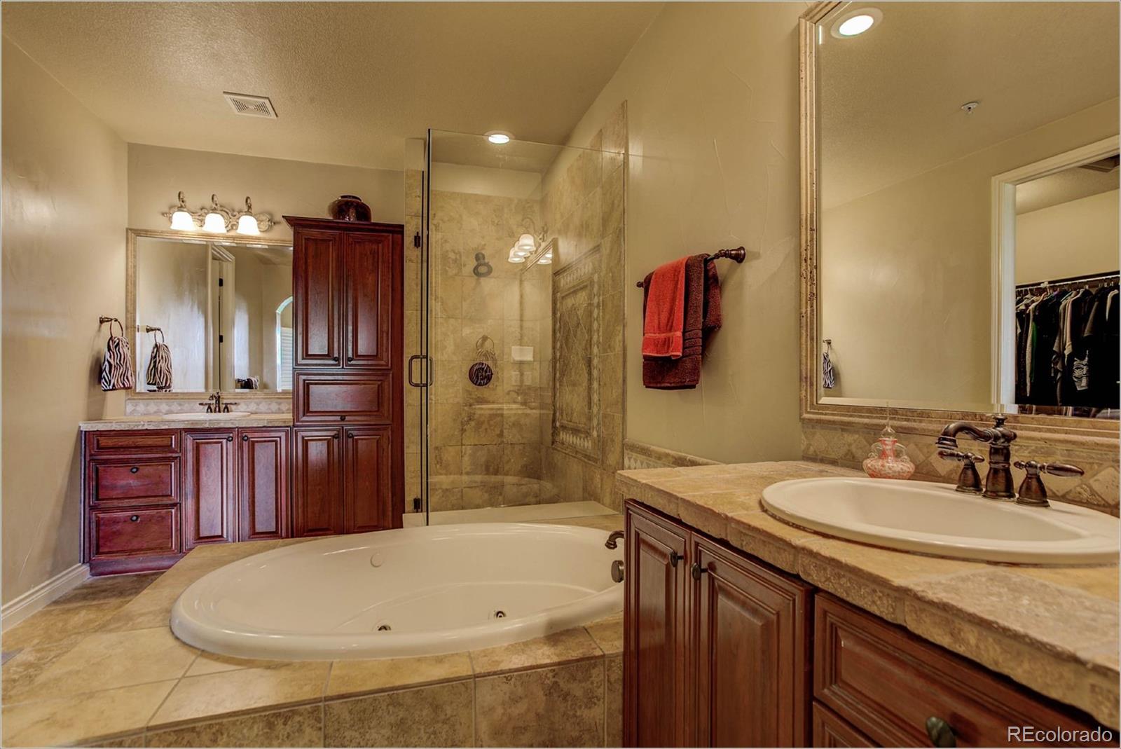4363 Chateau Ridge Lane Castle Rock, CO 80108 - Photo 19 of 32 a bathroom with a granite countertop sink a large mirror and a bathtub