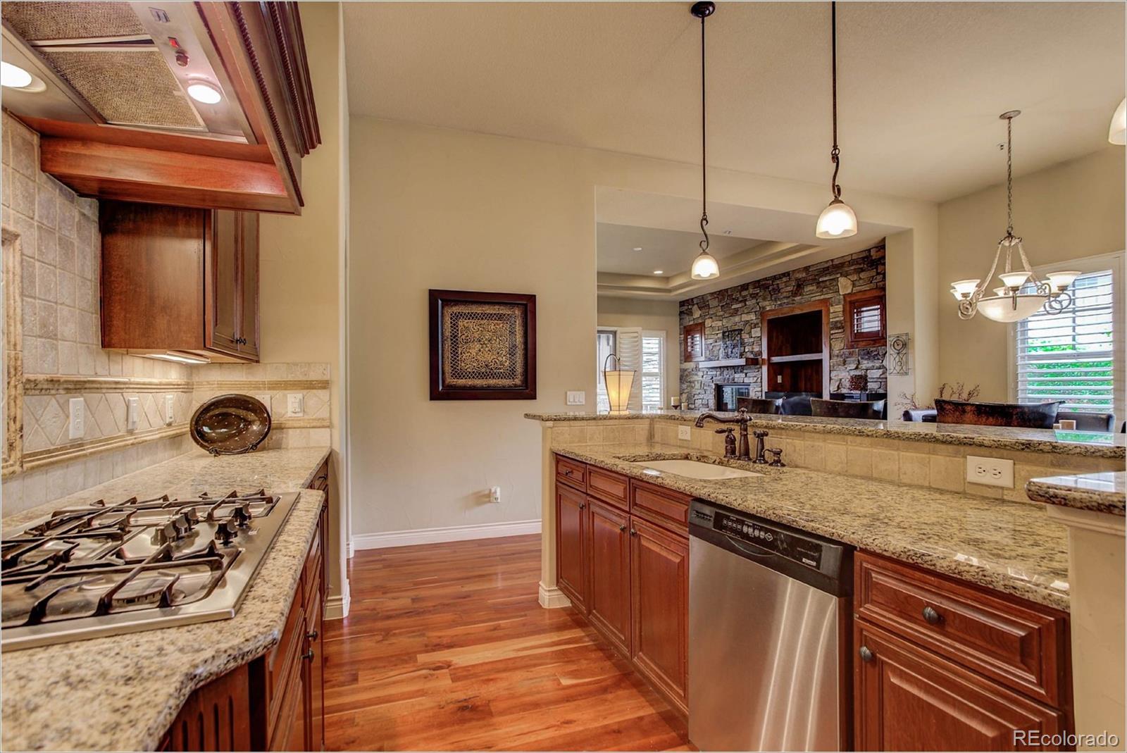 4363 Chateau Ridge Lane Castle Rock, CO 80108 - Photo 4 of 32 a kitchen with stainless steel appliances granite countertop a sink a stove and a wooden floors