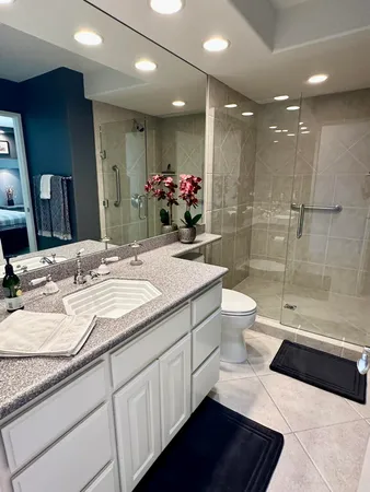 a bathroom with a granite countertop sink a toilet a large mirror and shower