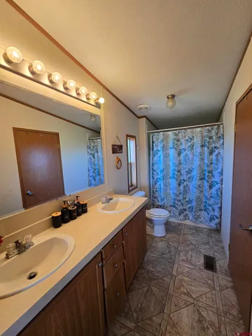 a bathroom with a double vanity sink mirror and toilet