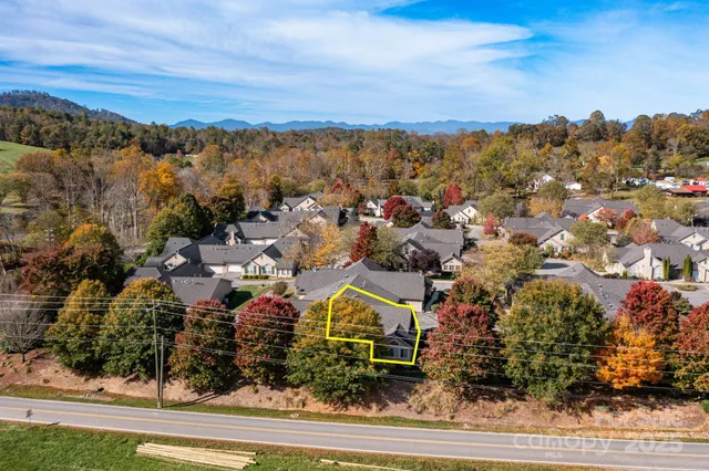 an aerial view of residential houses with outdoor space and trees