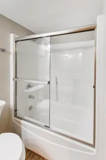 a bathroom with a shower and a toilet