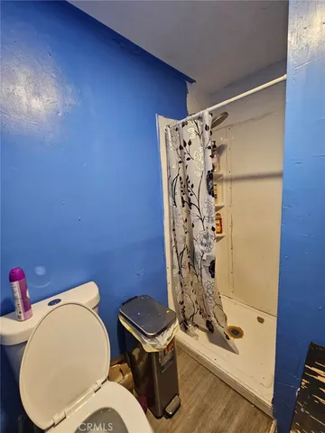 a bathroom with a toilet and shower curtain