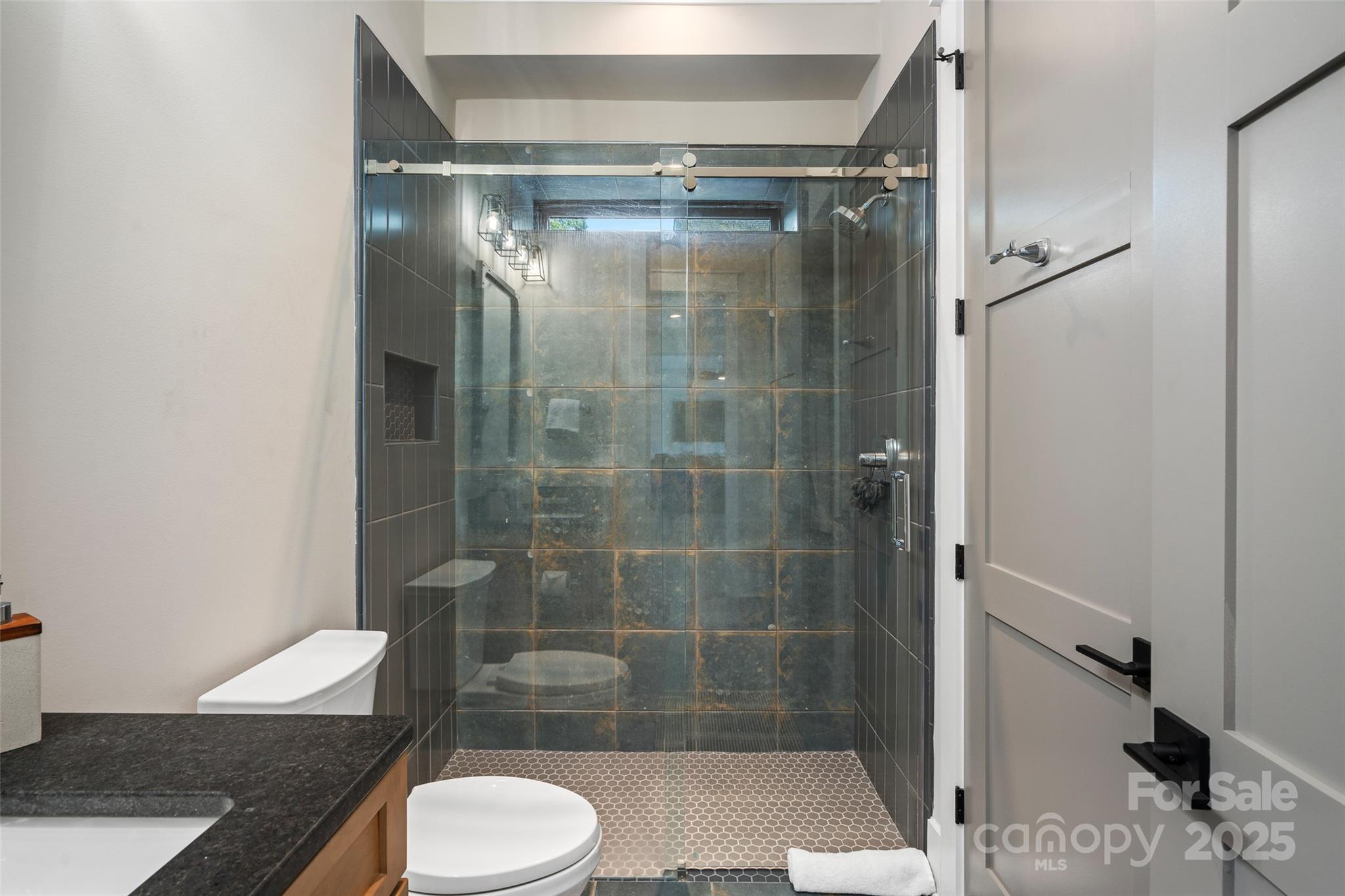 505 Kemp Road Mooresville, NC 28117 - Photo 27 of 38 a bathroom with a granite countertop shower a toilet and a sink