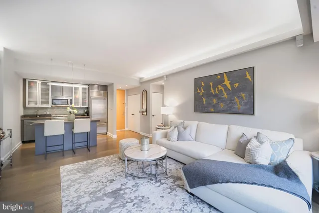 a living room with furniture a rug and kitchen view