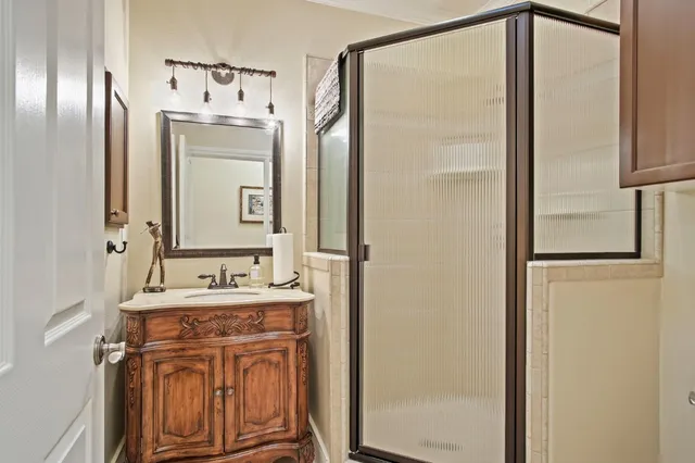 a bathroom with a sink a mirror and a shower