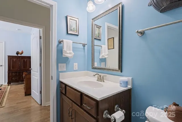 a bathroom with a sink vanity and a mirror