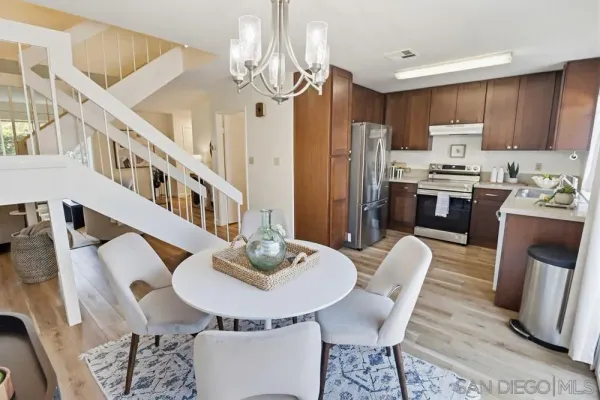 a view of a dining room with furniture