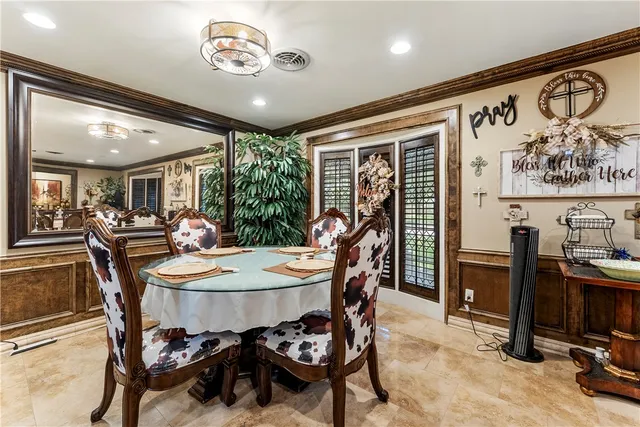 a view of a dining room with furniture