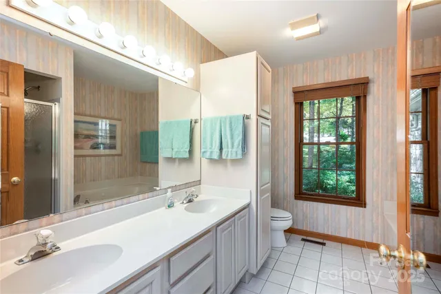 a bathroom with a double vanity sink toilet and a shower
