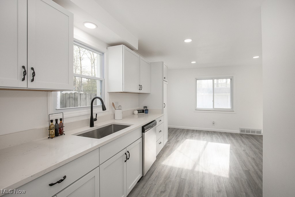 223 Beck Road Avon Lake, OH 44012 - Photo 6 of 29 Kitchen featuring light wood finished floors, a sink, visible vents, white cabinetry, and dishwasher