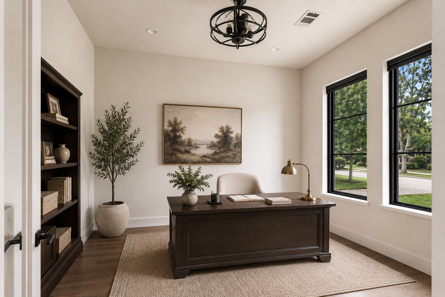 4638 Merwin Street Houston, TX 77027 - Photo 3 of 42 The dedicated home office at the front of the home offers a quiet, private workspace ideal for remote work or focused study.