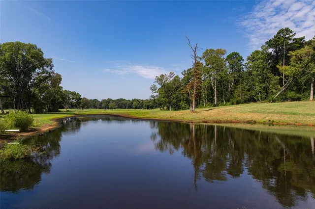 a view of a lake with houses in the back