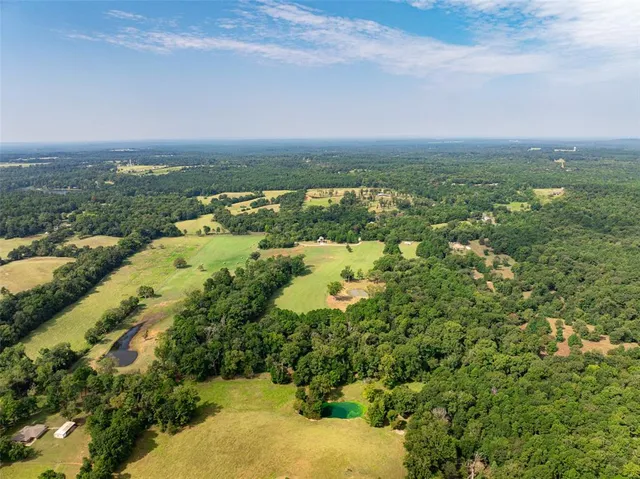 an aerial view of residential houses with outdoor space and trees